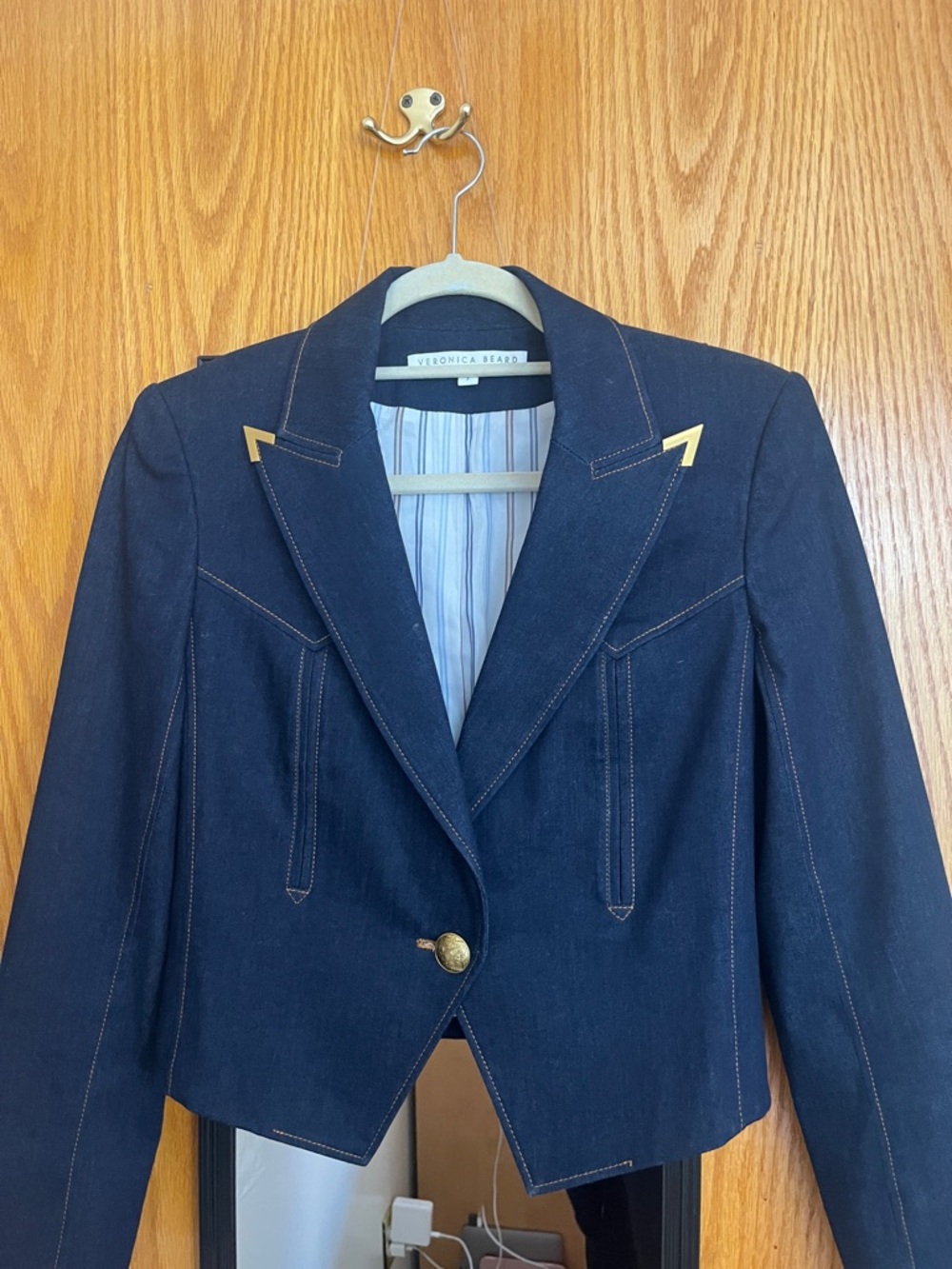 Veronica Beard Denim Cropped Blazer with Gold Accents